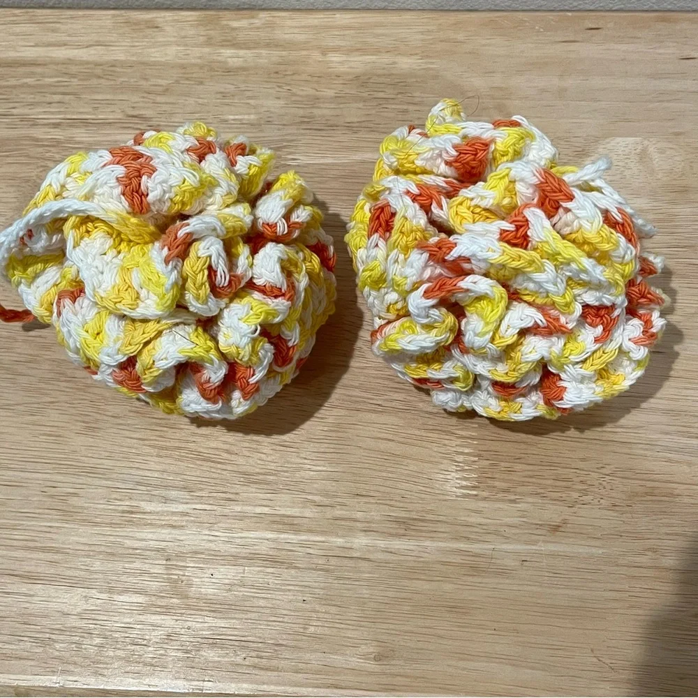 Set of 2 Crochet Yellow/Orange/White Eco-Friendly Bath Loofahs with Hanging Loop